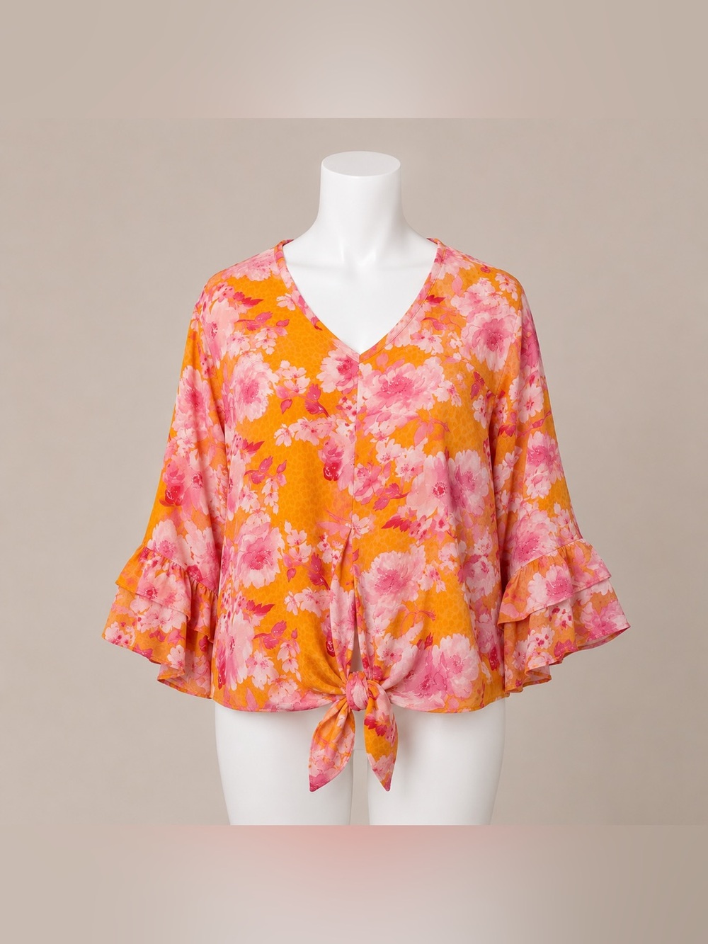 a.n.a 3X Floral Tie Front Blouse Pink Orange Boho Peasant Top